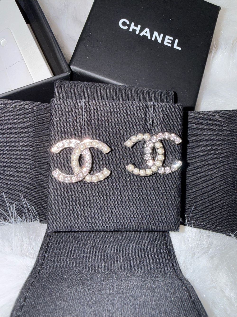 CHANEL CC Logo Pearl & Crystal Stud Earrings